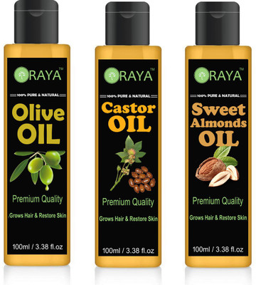 

ORAYA Pure Olive Oil and Sweet Almond oil and Castor Oil Combo of 3 No.100 ml Bottles(300 ml) (300 ml)(300 ml)