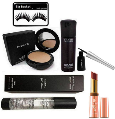 

big basket Eyelashes, Mac Prep+Prime Moisture Infusion Serum Hydratant, Mac Studio fix Powder Plus foundation, Mac Prep+Prime Pearl Gel Primer, Liquid Eyeliner, 9 To 5 Matte Maroon Lipstick(Set of 6)