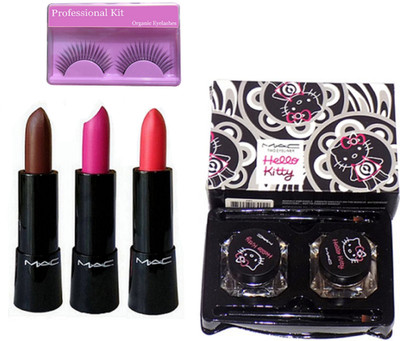 

Professional Kit Eyelashes, Hello Kitty Double Effect Gel Eyeliner, Retro Matte Lipstick Set Of 3(Set of 5)