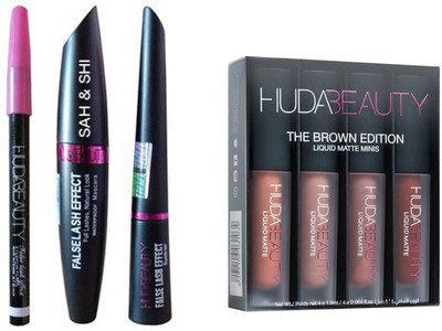 

Sah&Shi Eyebrow Black Pencil With Huda Mascara & Huda Liquid Eyeliner set of 3 with HB Brown Edition Lipsticks Set of 4(Set of 4)