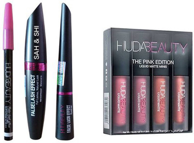 

Sah&Shi Eyebrow Black Pencil With Huda Mascara & Huda Liquid Eyeliner set of 3 with HB Pink Edition Lipsticks Set of 4(Set of 4)