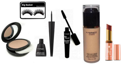 

big basket Eyelashes, studio fix Compact,Studio WaterWeight Liquid Foundation,Waterproof Eyeliner&180 Warp Lenght Upward lash Mascara, 9to5 Matte lipstick(Set of 6)