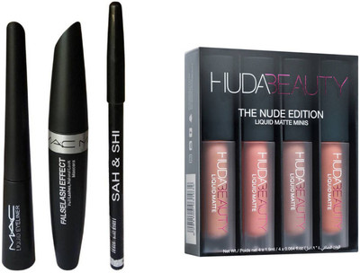 

Sah&Shi Eyebrow Black Pencil With Mac Mascara & Mac Liquid Eyeliner set of 3 with HB Nude Edition Lipsticks Set of 4(Set of 4)