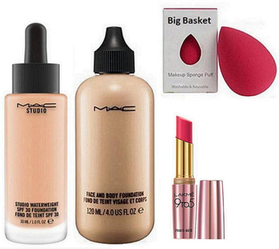 

big basket Sponge Puff, Mac Face & Body Foundation, Waterweight Spf 30 Foundation Found De Teint, 9to5 Matte Lipstick(Set of 4)
