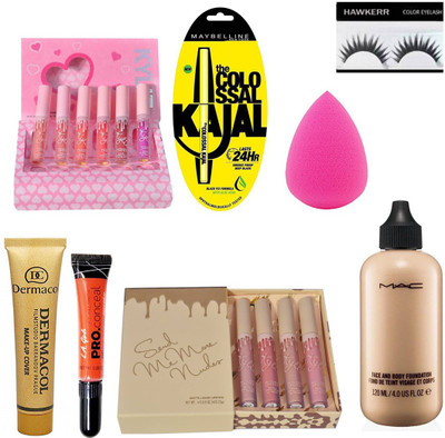 

Hawkerr Imported combo of Kylie Send me more set 4, kylie Heart shape set 6, Maybelline kajal, Dermacol foundation, La girl pro concealer, Mac face and body foundation, Eyelashes & Sponge puff (16)(Set of 16)
