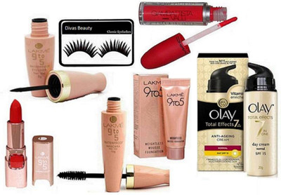 

divas beauty yelashes With 9to5 Eyeliner And Mascara,Mousse With Red Matte Finish Lipstick,Eyeconic kajal & Olay Total Effect 7in one Anti-Angeing Cream(Set of 7)