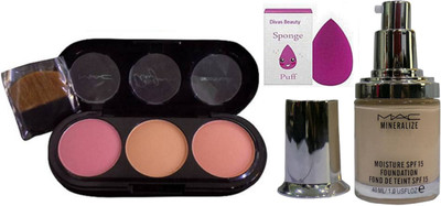 divas beauty Sponge Puff & 3 Shade Blusher & Moisture Liquid Foundation(Set of 3)