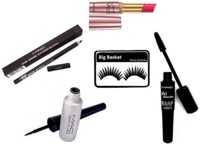 

big basket Eyelashes, Mac Liquid Eyeliner Black,180 Warp Lenght Upward lash Mascara & Kajal Pencil, 9 to 5 Primer + Matte Lipstick Pink Perfect(Set of 5)