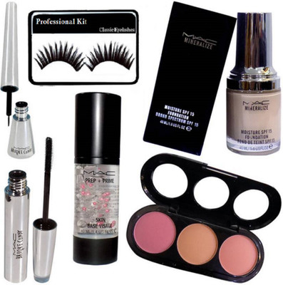 

Professional Kit eyelashes , mac mineralize moisture foundation , prep+prime skin base visage primer , brooke candy eyeliner & mascara with three shade blusher(Set of 6)