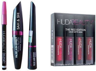 

Sah&Shi Eyebrow Black Pencil With Huda Mascara & Huda Liquid Eyeliner set of 3 with HB Red Edition Lipsticks Set of 4(Set of 8)