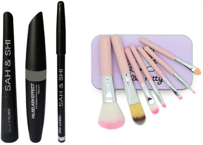 

Sah&Shi Eyebrow Black Pencil With Mascara & Liquid Eyeliner (Set of 3) And Hello kitty Makeup Brushes Set of 7(Set of 9)