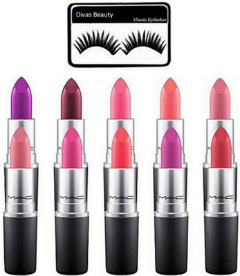 

divas beauty Eyelashes & Mac Matte Finish Long Lasting Multicolor Lipstick (Pack Of 10)(Set of 11)
