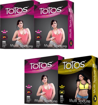 

totos WEAR DAY NIGHT PREMIUM BANANA & STRAWBERRY FLAVOURED MULTI TEXTURE FOR MORE PLEASURE DOTTED FOR MEN CONDOM 40 PCS SET OF 4 PACK Condom(Set of 4, 40S)