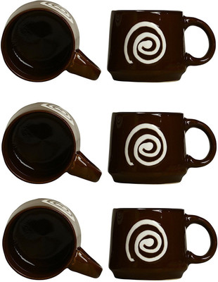 

caffeine Tea Cup Stoneware in Mehendi Green & White Doodle Cubic Ceramic(Brown, Pack of 6)