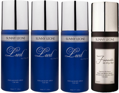 

LUST BY SUNNY LEONE 3 Lust BLUE & 1 FOREVER BLACK Body Spray - For Men(600 ml, Pack of 4)