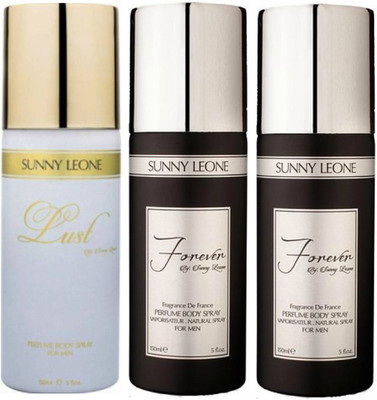 

LUST BY SUNNY LEONE 1 Lust WHITE & 2 FOREVER BLACK Body Spray - For Men(450 ml, Pack of 3)