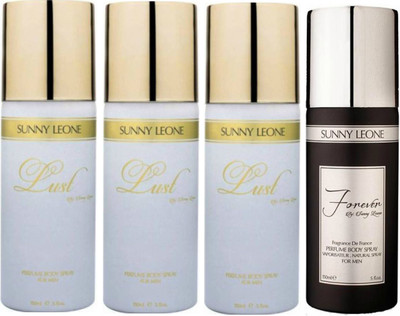 

LUST BY SUNNY LEONE 3 Lust WHITE & 1 FOREVER BLACK Body Spray - For Men(600 ml, Pack of 4)