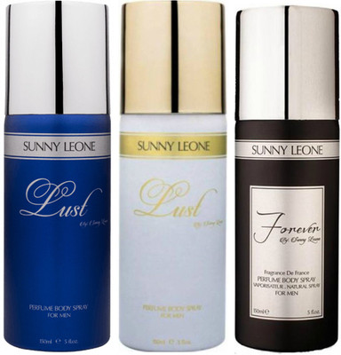 

LUST BY SUNNY LEONE 1 Lust BLUE & 1 Lust WHITE & 1 FOREVER BLACK Body Spray - For Men(450 ml, Pack of 3)