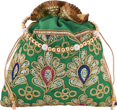 

Craft Trade Silk Embellished Work Drawstring Multicolor Potli Bag Potli(Green)
