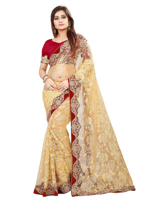 Aruna Sarees Self Design, Embellished, Solid/Plain Bollywood Cotton Blend Saree(Beige)
