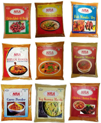 

NRA Combo Masala Pack of 900g (100g each) - Curry powder, Sambar masala, Chicken kabab / 65 masala, Mutton / Chicken korma (2in1), Chicken /mutton masala (2in1), Veg korma (sabji), Rasam masala, Biryani masala, Fish curry / Fish Fry masala.(9 x 100 g)