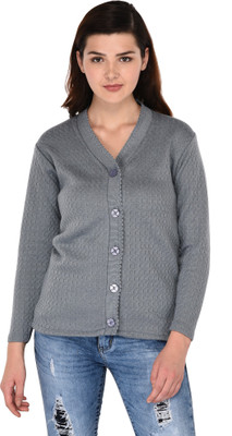 eWools Women Button Self Design Cardigan