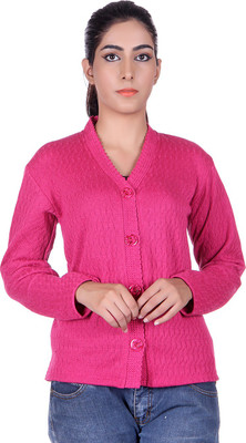 eWools Women Button Self Design Cardigan