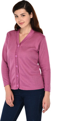 eWools Women Button Self Design Cardigan
