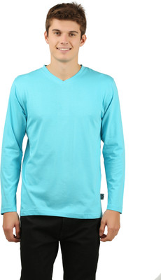 zebu Solid Men V Neck Blue T-Shirt
