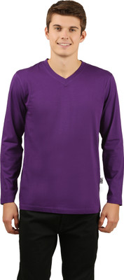 zebu Solid Men V Neck Purple T-Shirt