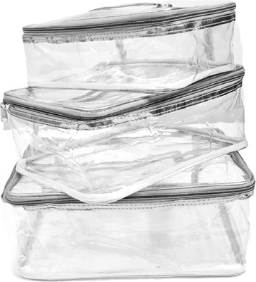 

FORE TREND Transparent Multipurpose Makeup Cosmetics Bag Plain Organizer - Set of 3 (Large) Vanity Box(Silver)
