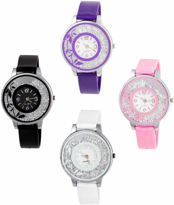 

Niyati Nx New Stylish Black Pink White And Purple Flower Print Moveble Diamond Combo Watch - For Girls