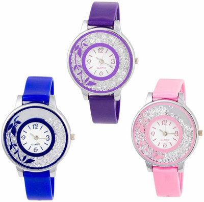 Niyati Nx New Stylish Blue Pink And Purple Flower Print Moveble Diamond Combo Watch - For Girls