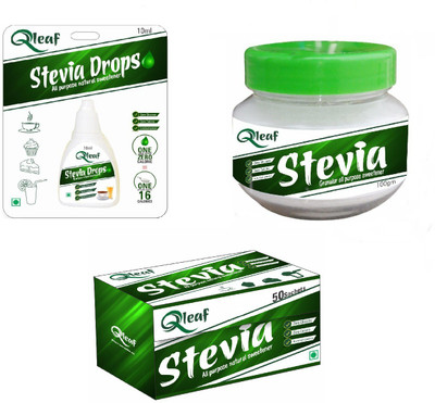 

Qleaf Combo : Pack of 50 stevia sachet + 10 ml drops and 100 Gm stevia powder jar Sweetener(160 g, Pack of 3)