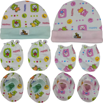 

Kidbee Baby Printed Soft Booties Mittens Cap Combo Set(Green , Pink)