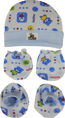 Kidbee Baby Printed Soft Booties Mittens Cap Combo Set(Blue)