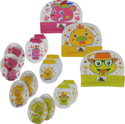

Kidbee Baby Printed Soft Booties Mittens Cap Combo Set(Dark Pink,Yellow,Green)