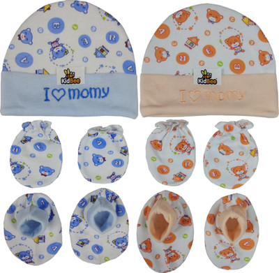 

Kidbee Baby Printed Soft Booties Mittens Cap Combo Set(Blue,Orange)