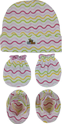 

Kidbee Baby Stripe wave Printed Soft Booties Mittens Cap Combo Set(Dark Pink)