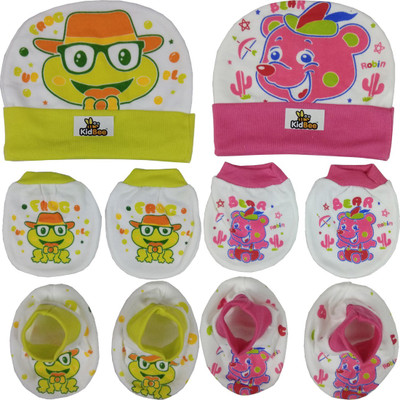 

Kidbee Baby Printed Soft Booties Mittens Cap Combo Set(Green , Dark Pink)