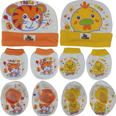 

Kidbee Baby Printed Soft Booties Mittens Cap Combo Set(Orange, Yellow)
