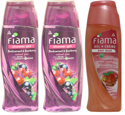 

FIAMA Blackcurrent & Blackberry Radiant Glow With Skin Conditiners Ashwagandha Almond Cream (2x250ml +1x200ml)(700 ml, Pack of 3)