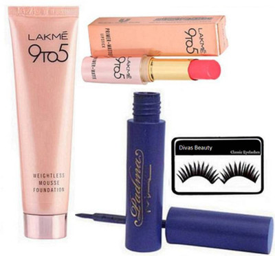 

divas beauty Eyelashes, Weightless Mousse Foundation 29 gm and Primer+Matte Lipstick And Mac Padma Eyeliner Black(Set of 4)