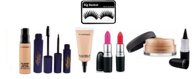 

big basket Eyelashes,Mac padma Liner&Mascara,Pink,Red lipstick,pro longwear Concealer,Select Cover Up,Select Sheer Loose Powder&Kajal(Set of 9)