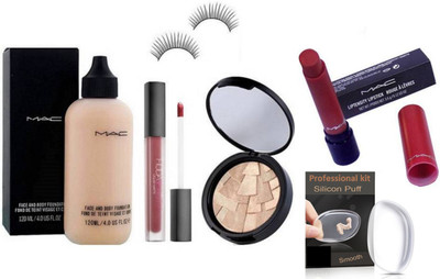 

professional kit Silicon Puff&Mac Face&Body Foundation&Huda Beauty Lipgloss&Anastasia Beverly Hills Illuminator ,Liptensity Matte Finish Lipstick(Set of 6)