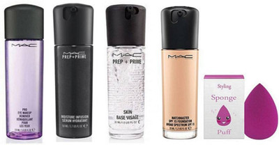 

Styling Sponge Puff & Eye Makeup Remover With PRep+Prime SKin base Visage Primer & Moisture Infusion Face Serum With Matchmaster SPF 15 Foundation of Mac(Set of 5)