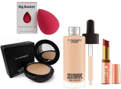 

Big Basket Sponge Puff&Mac Studio Waterweight Foundation, Mac Studio fix Powder Plus foundation Fond De Teint, 9to5 Matte Lipstick(Set of 4)