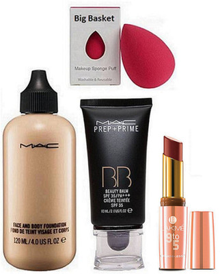 

big basket Sponge Puff, Mac Face & Body Foundation, Mac Prep+Prime BB Foundation, 9to5 Matte Lipstick(Set of 4)