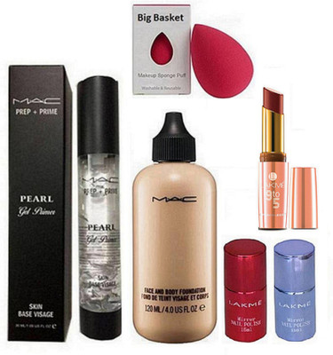 

big basket Sponge Puff with Mac face and Body Foundation, Prep + Prime Pearl Gel Primer, 9to5 Matte Lipstick, Mirror Nail Paint (Pack of 2)(Set of 6)