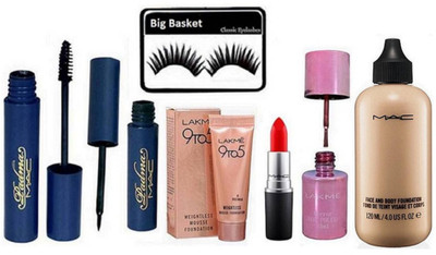 

big basket Eyelashes,Mac Padma Liner&Mascara,Red Lipstick,Mousse Foundation,Mirror nail Paint,& Face And Body Foundation(Set of 7)